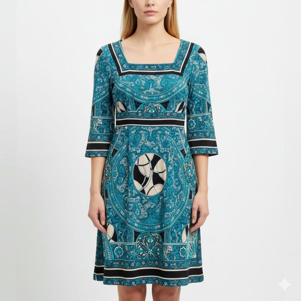 Marquis Teal Black Patterned Dress Size M